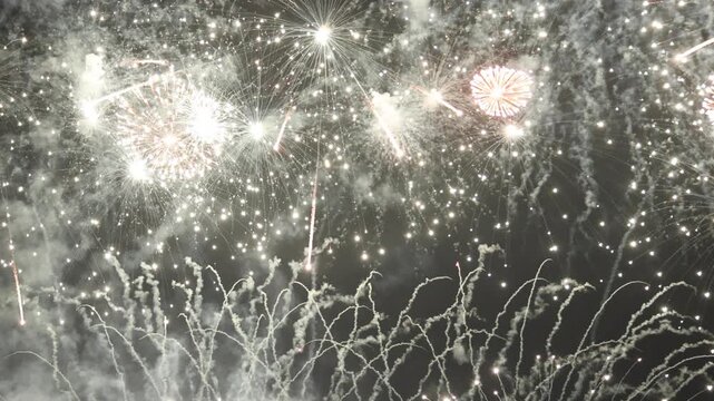 Amazing real beautiful colorful fireworks background on celebration night event for happy new year party or independence day, Abstract Multi color golden firework in the night sky