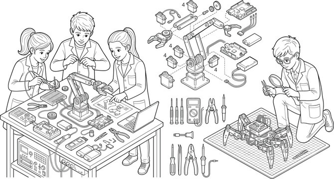 Children engineering stem robotics line art concept with students building robotic arms and mechanical spider in laboratory workshop