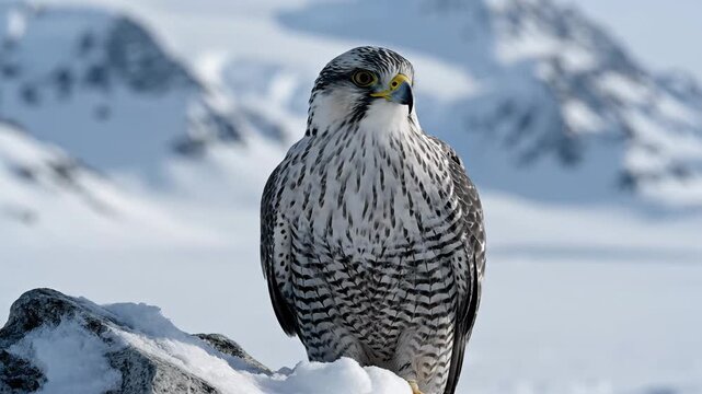 Observing a Peregrine Like Falcon perched on snow covered rocks in a chilly landscape