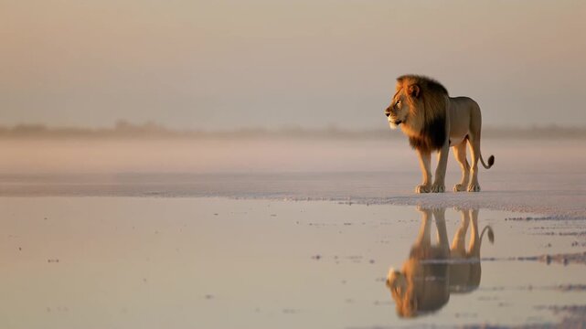 Ultra-realistic cinematic view of a majestic male lion standing still by water reflecting sunset for World Lion Day
