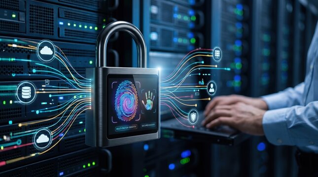 Cybersecurity padlock with fingerprint scan protecting server room data, cloud computing network security and digital privacy protection concept illustration