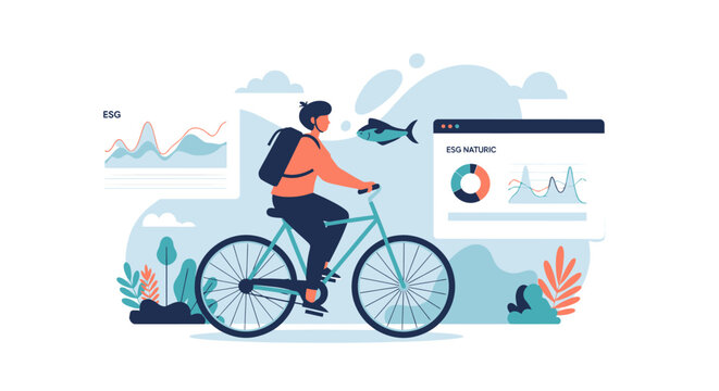 Person riding bicycle with backpack near data charts and fish illustration.