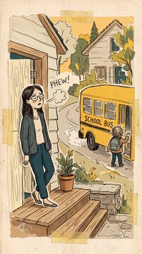 Relieved mother saying phew on porch as child with backpack boards yellow school bus in hand drawn storybook illustration about parenting emotions.
