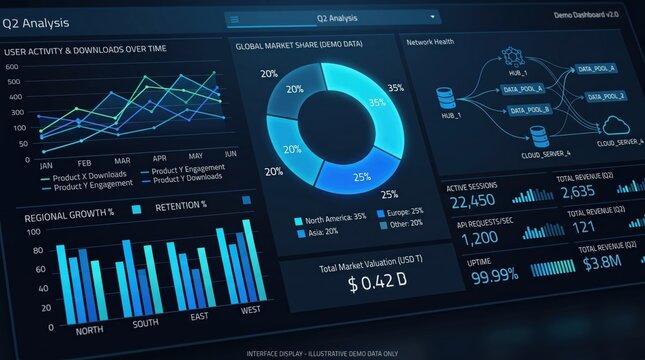 Business Q2 analysis dashboard, global market share pie chart, user activity graphs, financial revenue metrics, corporate strategy and performance report display