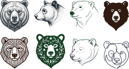 Obraz premium Bear head vector set featuring grizzly and polar bear designs with geometric patterns, line art illustrations, stipple sketches, and wildlife mascot emblems.