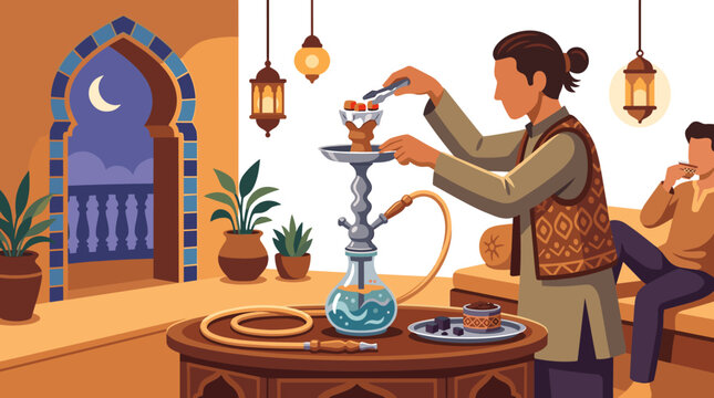 Man preparing hookah in traditional Middle Eastern lounge illustration