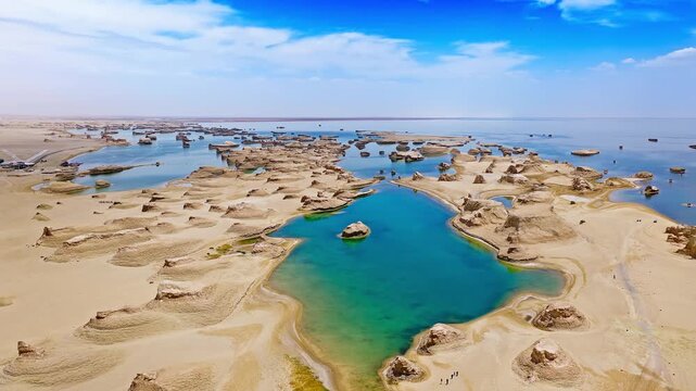 Aerial view of water yardang landforms in a turquoise lake in Qinghai, China