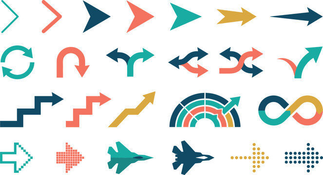 Colorful arrow vector icons set with business growth charts, infinite loop, curved direction signs, navigation pointers, and jet airplane graphics.