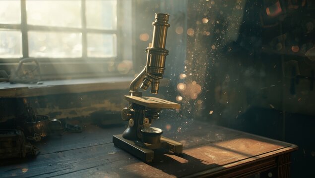 Vintage brass microscope on wooden table in dimly lit room with sunlight