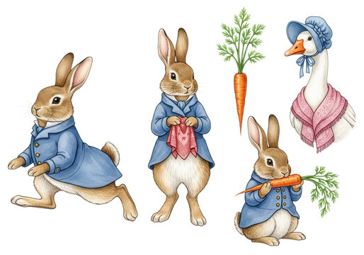 Anthropomorphic brown rabbits in blue victorian jackets and a white goose in a bonnet and shawl, with a carrot, presented as a charming, whimsical storybook character collection