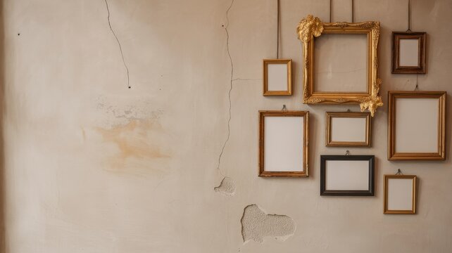 Vintage gold picture frames on textured plaster wall, antique gallery wall mockup with empty frames, rustic interior background with copy space