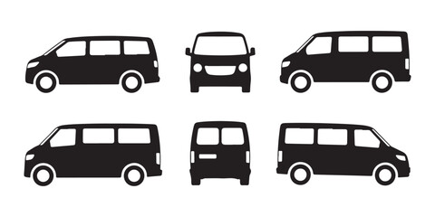 Fototapeta premium Van vector collection with side front and back views for cargo or passenger transport silhouette.