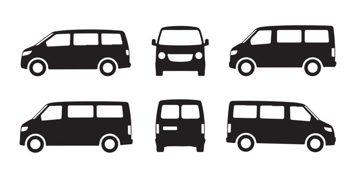 Van vector collection with side front and back views for cargo or passenger transport silhouette.