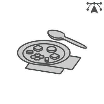 Irish stew dish isometric icon, food concept. Vector graphics. Plate and spoon sign and editable stroke, outline style icon for mobile or web design.