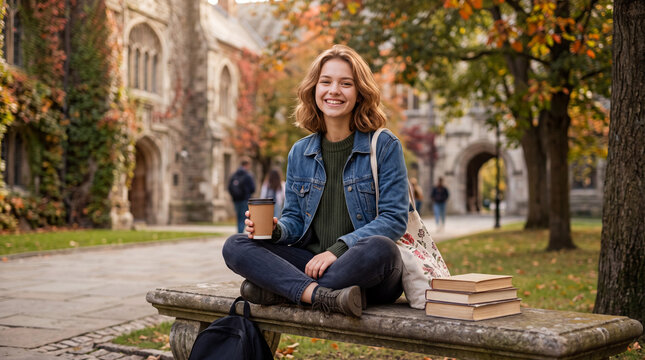 Smiling ukrainian russian belarus student sitting on a stone bench on campus with a takeaway coffee and books.