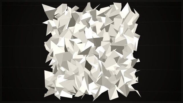 A dynamic display of numerous crumpled white papers scattered across a dark surface, showcasing a chaotic and energetic arrangement that emphasizes texture, shadows, and movement within