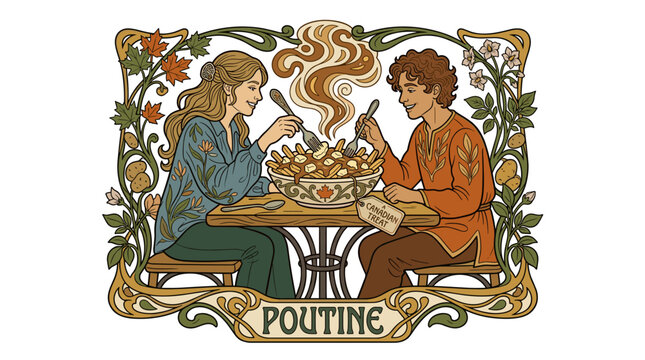 Art Nouveau Illustration of a Couple Enjoying Canadian Poutine
