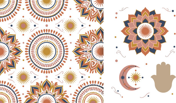 Bohemian mandala seamless pattern and ethnic vector elements set featuring mystical moon star hamsa hand and floral ornaments for textile fashion design