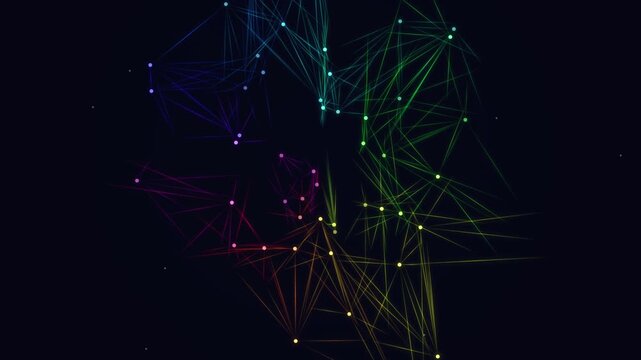 Colorful geometric network pattern with glowing lines and nodes creating a dynamic visual representation of interconnected digital communication on a dark background