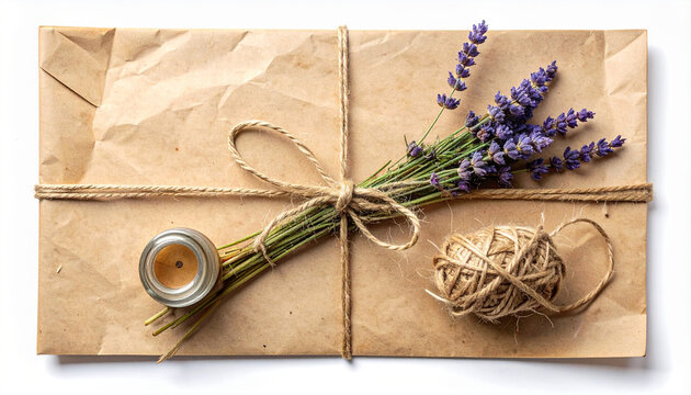 Kraft paper package lavender bouquet twine string rustic gift natural wrap flat lay brown paper eco friendly handmade craft
