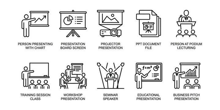 Presentation and training vector icons for corporate seminars. This line art collection is perfect for business pitch decks. These graphics are suitable for educational e-learning platforms.