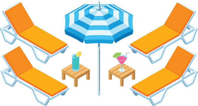 Isometric Summer Beach Resort Vector Set with Orange Lounge Chairs Blue Striped Umbrella Small Tables and Cocktail Drinks