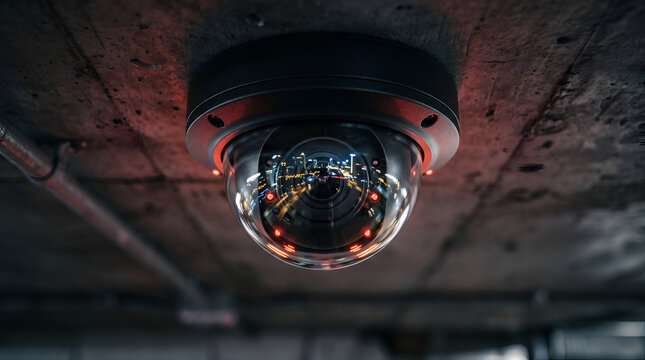 Night vision dome camera with red infrared LEDs attached to concrete ceiling