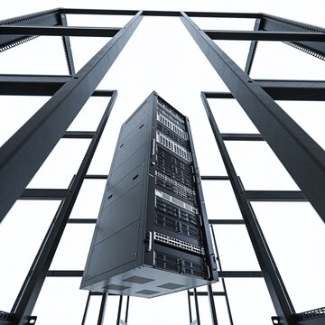 Server rack tower in modern data center with glass architecture and skylight