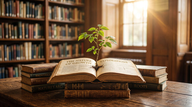 A small green plant growing out of an open antique book on a wooden table in a library with bookshelves in the background