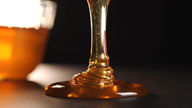 Cinematic macro shot of pure golden organic honey pouring slowly and creating beautiful thick viscous ripples on a dark studio table