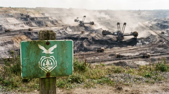 Coal Mining Landscape: A vast open-pit coal mine with heavy machinery and dirt roads under a dusty sky, featuring a prominent green sign with environmental symbols.