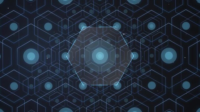 Futuristic digital network visualization illustrating interconnected glowing nodes and hexagonal patterns representing advanced technology, cyber security, data exchange, and innovation