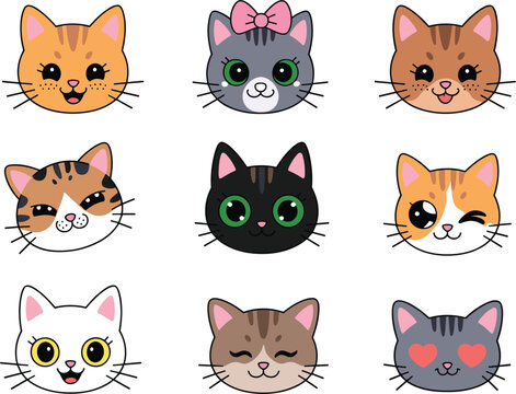Cute cartoon cat faces collection, kawaii kitten emoji expressions vector set isolated on white background