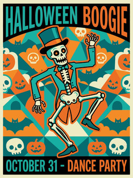 Retro Halloween Dance Party Poster Featuring a Dancing Skeleton Character in a Festive Top Hat and Tailcoat Design