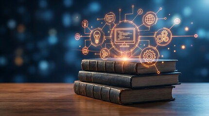 Stack of old books on wooden table with glowing digital network of icons representing technology and knowledge, abstract background with bokeh lights, concept of learning.
