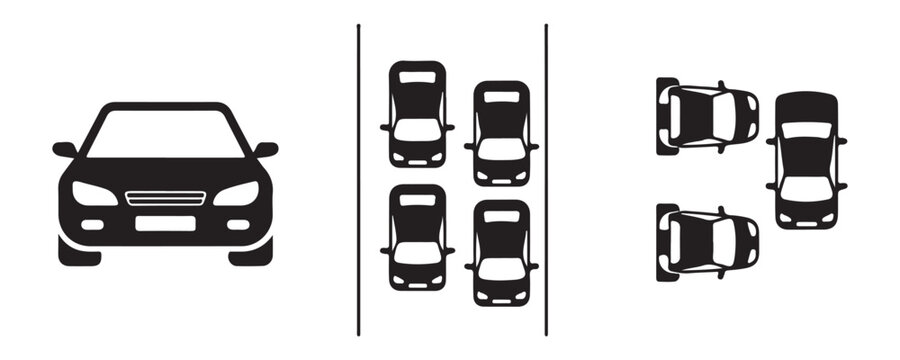 Set of car parking icons, vector illustration of single car and multiple cars in parking lot.