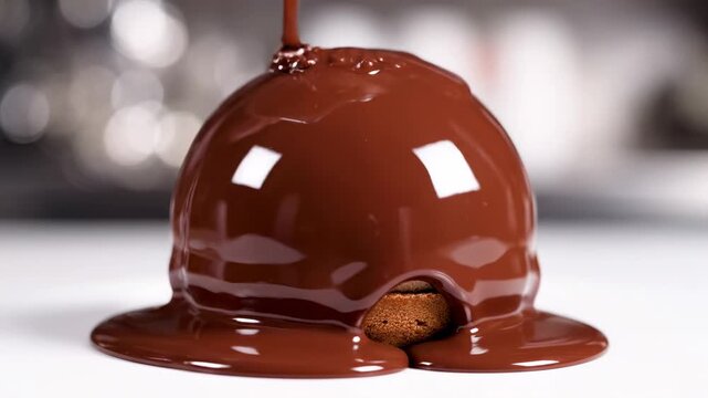 chocolate mousse dessert being drizzled with molten chocolate glaze on a white surface, close up shot