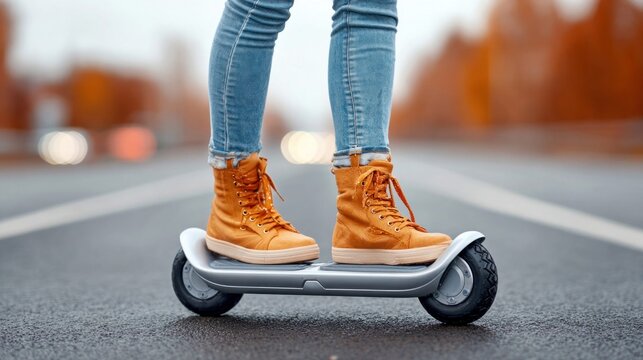 Person riding a hoverboard on a city street, showcasing modern urban mobility