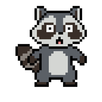 Cute astonished or amazed raccoon standing pixel art icon