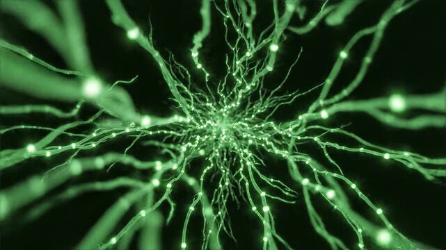 Detailed macro shot of abstract glowing green neon neural network fibers pulsing with light particles in a futuristic data tunnel