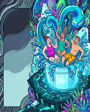 People taking ice bath in glowing tub with big water splashes in psychedelic comic style, cold plunge wellness trend banner with dark copy space.