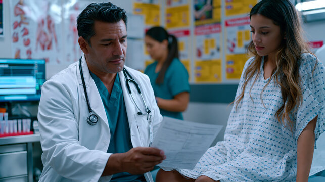 Immigrant undergoing USCIS-required medical examination, physician in white coat reviewing vaccination records while patient sits on exam table in clinic gown, medical posters covering walls, nurse 