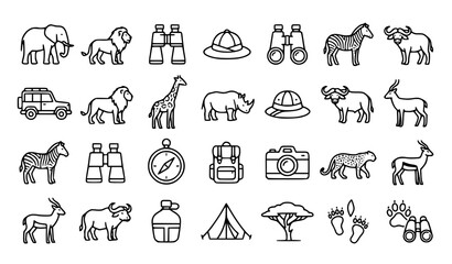 Safari Line Art Icon Collection with Wildlife Animals Vehicle and Adventure Accessories © Icon Zone