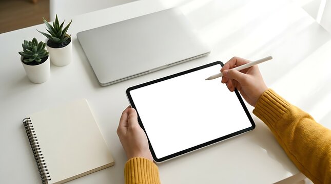 Person using digital tablet with stylus pen writing on blank white screen blank screen device on white desk with laptop plants.