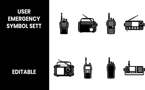Set of two-way radio communication device icons for emergency services and field operations with communication