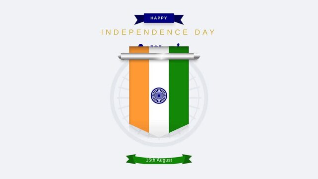 Indian national flag emblem animation with hanging banner and ribbon for Independence Day celebration on 15th August in a clean flat graphic motion design style concept