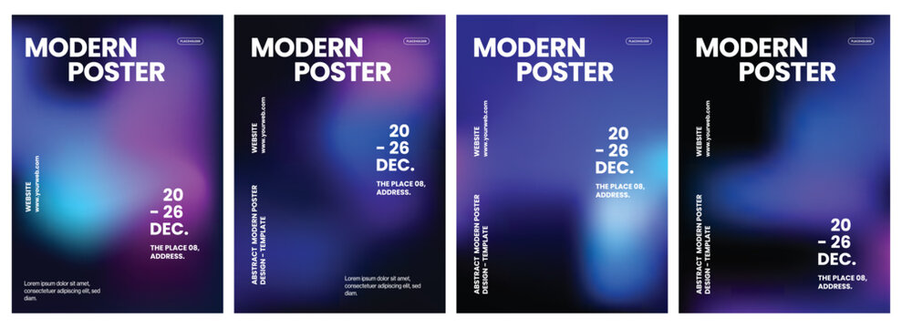 Set of four modern vertical poster templates featuring vibrant purple and blue gradient backgrounds with minimalist typography for professional event promotion and creative advertising design projects
