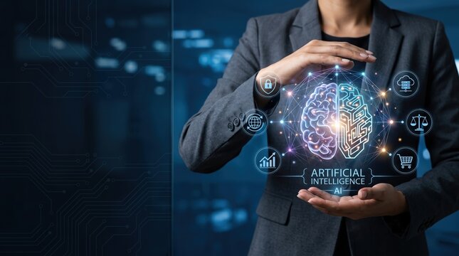 Business woman hands holding artificial intelligence brain interface with glowing neural network and security icons representing machine learning and future tech innovation conc...