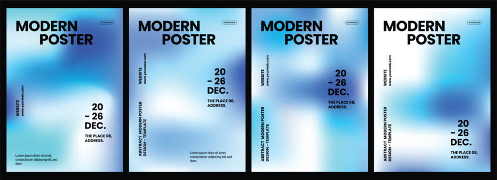 Four professional modern event poster templates featuring vibrant blue abstract gradient backgrounds with bold black typography and minimalist layout designs for various creative promotional projects