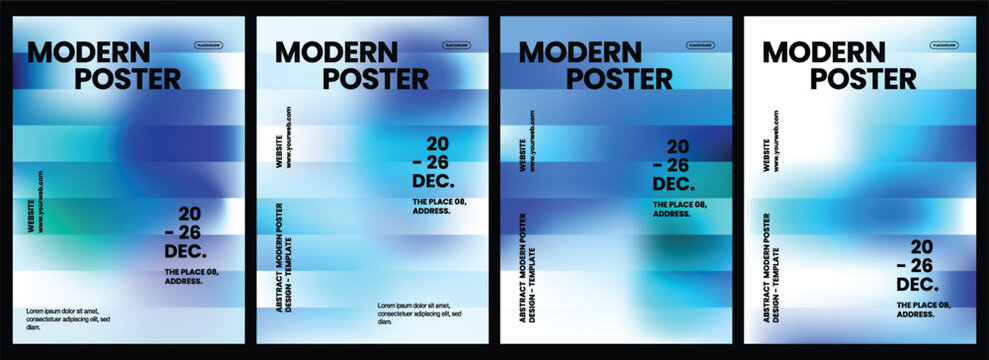 Four professional modern vertical poster templates featuring vibrant blue color gradients with typography layout for corporate business events marketing, promotional advertising design projects